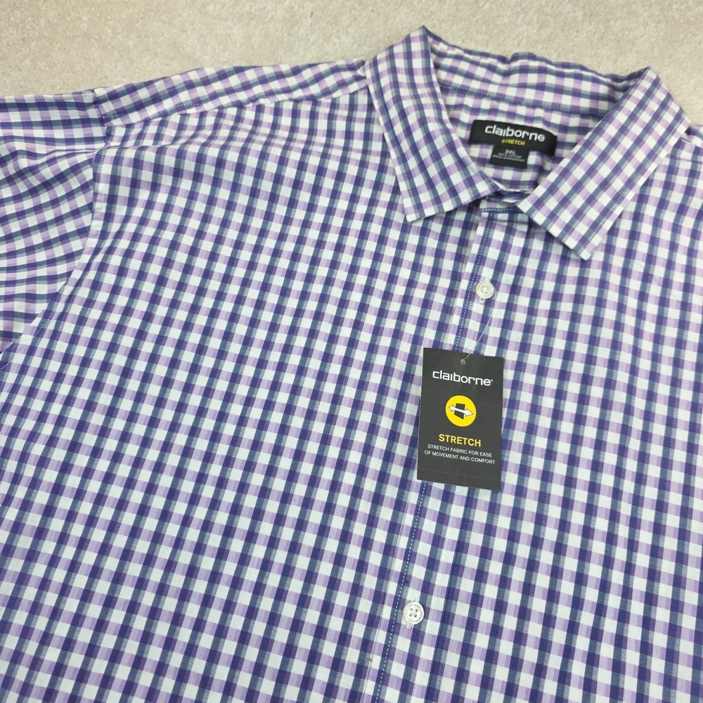 Claiborne Shirt Mens 3XL Purple Plaid Stretch Button-Up Short Sleeve‎ Cotton NWT